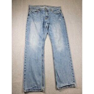 American Eagle Jeans Mens 34x32 (36x30) Slim Straight Blue Cotton Mid Distressed